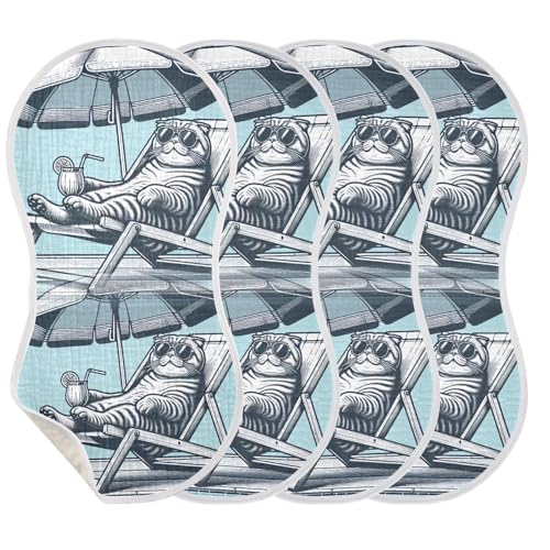 Muslin Burp Cloth for Baby 4PCS Cat Laying on Beach Chair Super Absorbent Burping Cloths, Bibs for Newborn Boys Girls