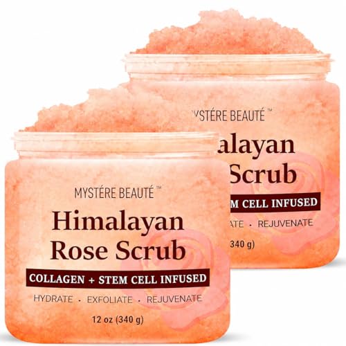 MYSTRE BEAUT Himalayan Salt Body Scrub Twin Pack (12 oz x 2) - with Collagen Rose Oil & Stem Cells - Exfoliating Scrub for Cellulite Acne & Stretch Marks - Natural Skin Care Gift Set