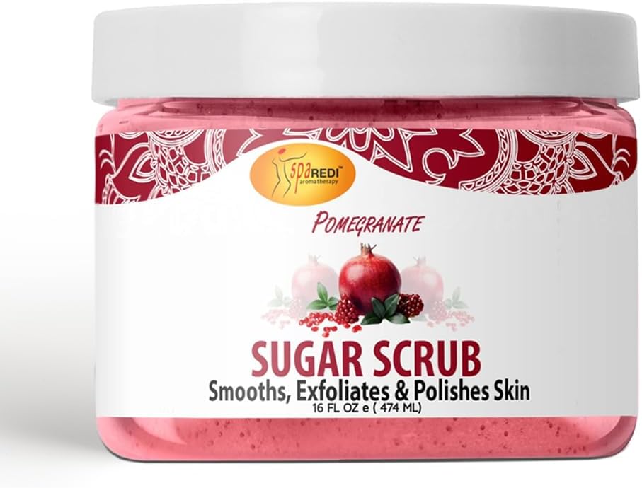 SPA REDI – Sugar Body Scrub, Pomegranate, 16 Oz, Exfoliating, Moisturizing, Hydrating and Nourishing, Glow, Polish, Smooth and Fresh Skin - Body Exfoliator