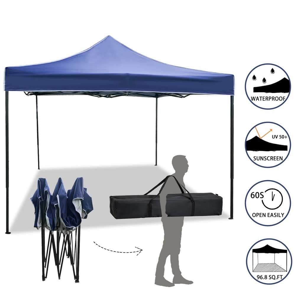 BAKAJI Gazebo 3 x 3 metri Pieghevole Tessuto Poliestere Impermeabile Struttura in Metallo Richiudibile a Fisarmonica Tendone Portatile Fiera Mercato Giardino Esterno + Sacca per Trasporto (Blu)