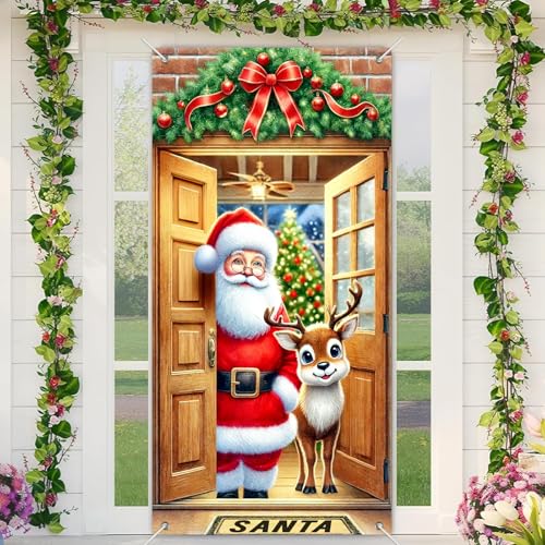 Image of BlissYard Christmas Door Banner Reindeer 35x71 Inch Polyester