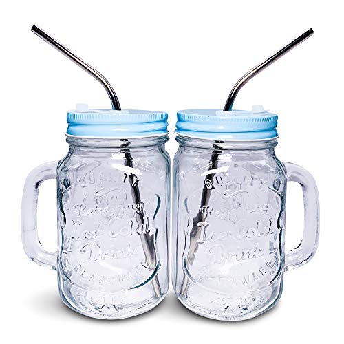 Mason Jar Mugs with Handle Regular Mouth Colorful Lids with 2 Reusable Stainless Steel Straw Set of 2 Light Blue Kitchen GLASS 16 oz JarsRefreshing Ice Cold Drink Dishwasher Safe