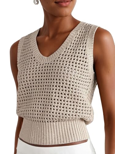 Women's Crochet Sequins Sweater Tanks Summer Lightweight Tops Bohemian Sleeveless Hollow Out Beach Knitted Vests