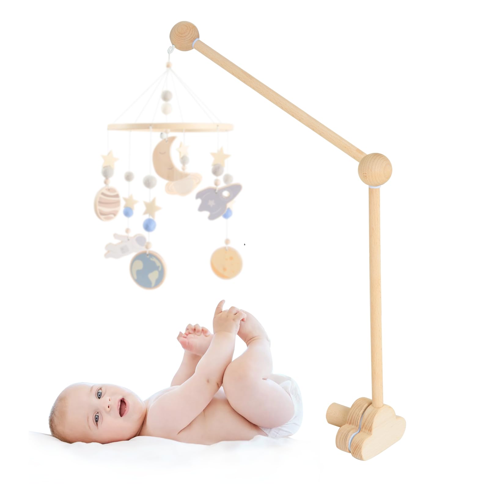 Aurinovellia Mobile Halterung Holz für Babybett, Mobile Ständer Wolken Design, 360°Drehbar Baby Mobile Aufhänger, Verstellbarer Abnehmbarer, für Aufhängung Spieluhr Windspiel Baby Bett Spielzeuge