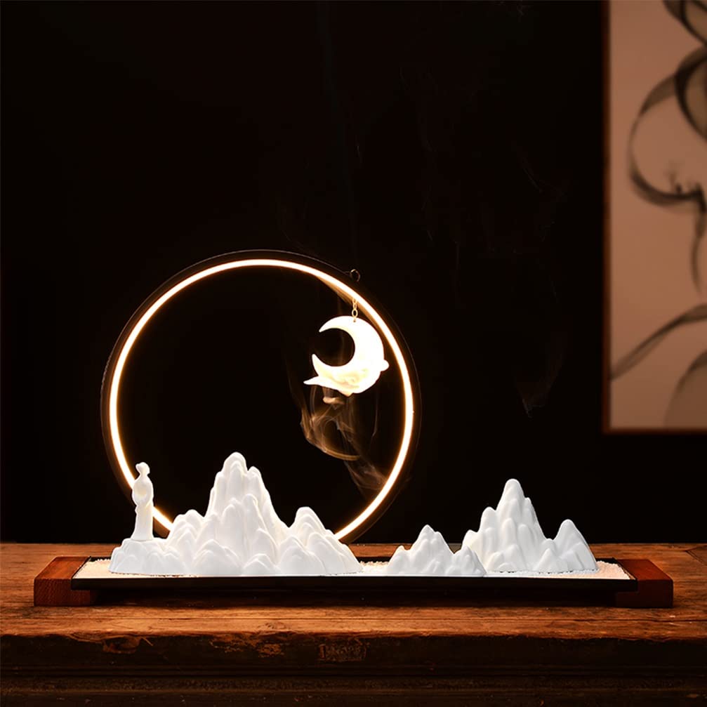 Quemador de incienso de reflujo de cascada, diseño de luna de montaña con base de madera de arena azul claro LED, perfecto para decoración del hogar y la oficina, alivio del estrés y relajación