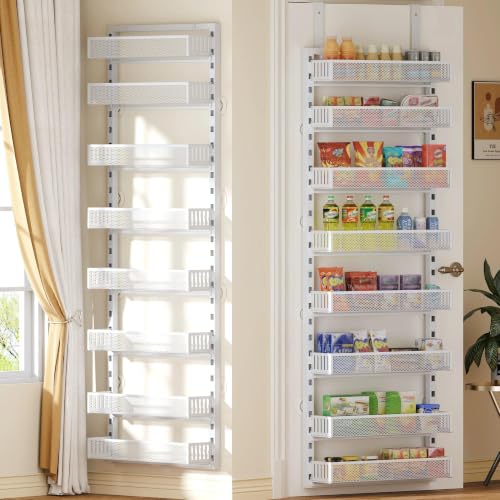 8-Tier Over the Door Pantry Organizer with Adjustable Baskets | Over the Door Spice Rack, Wall-Mounted or Hanging Shelves for Kitchen, Laundry Room, Bathroom(White,16.65″W x 5.2″D x 72.6″H)
