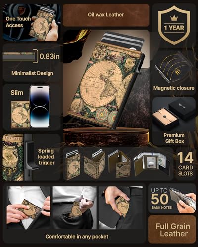 Image of typecase Mens Wallet Card Holder: Pop Up Aluminum Case, Carbon Fiber Leather, Smart, RFID Blocking, Slim, Minimalist, Front Pocket - 9-14 Card Capacity | ID Window | Cash Slot (Map)