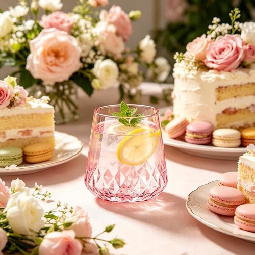 Image of Lueumxc 40 Pack Pink Plastic Wine Glasses, 14Oz Rhombus Disposable Wine Glasses Unbreakable Clear Plastic Cocktail Glasses Recyclable Shatterproof Reusable Wine Cups