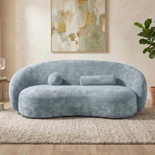Image of Furniture of America Sylin Modern Chenille Sofa with Pillows, Curved Arms and High Density Foam, Wooden Comfortable Couch for Living Room, Office, Powder Blue