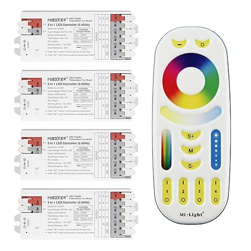 LIGHTEU®, Milight Miboxer Controlador LED 3 en 1 (2,4 GHz) RGB RGBW Controlador de tira LED RGBCCT DC12V/24V Compatible con DMX512, PWM de alta/baja frecuencia, 4x E3-RF + FUT092