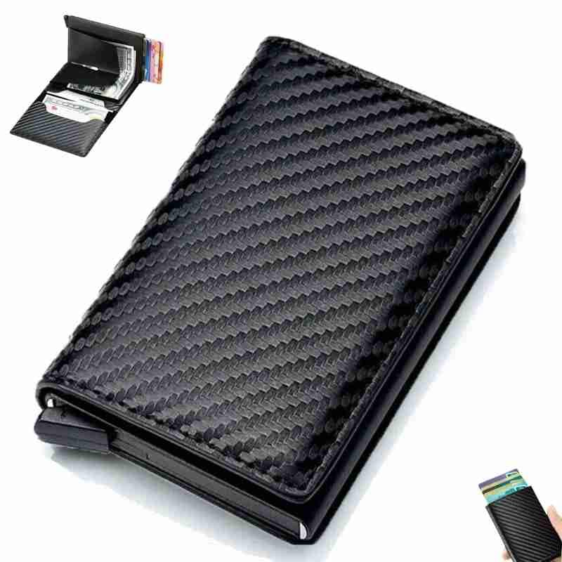 Carteira de Couro Masculina Slim Carbon – com Ejetor Automático Bloqueio por Aproximação Espaço para Notas e Design Compacto