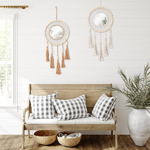 Dremisland Wall Mirror 2 Set Hanging Wall Mirror With Wood Beads Fringe Handmade Round Sunburst Decoration Boho Antique Mirror For Entryway Bedroom Living Room Nursery,Beautiful Gift Ideas #TOP3