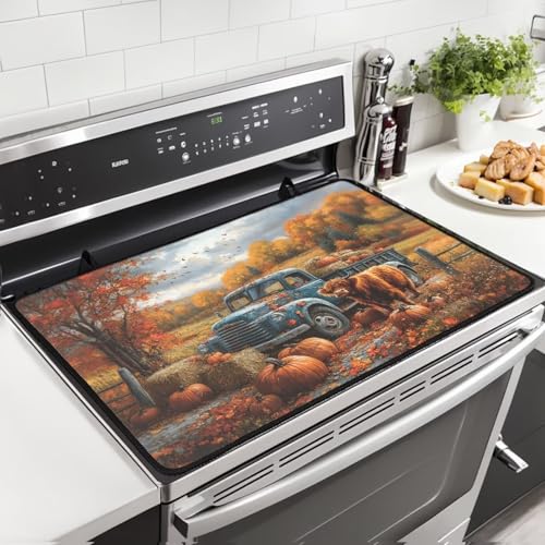 Image of Cattle Pumpkin Cat Stove Top Covers for Electric Stove, Heart Resistant Dish Drying Mat for Kitchen, Non-Slip Dust-proof Mat for Glass Stove Top, Thanksgiving Decorations