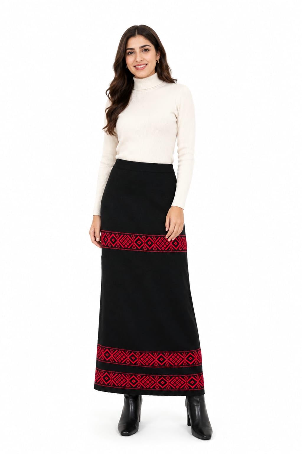Women's Woollen Maxi Skirt, Black with Red Ethnic Pattern-picture-30
