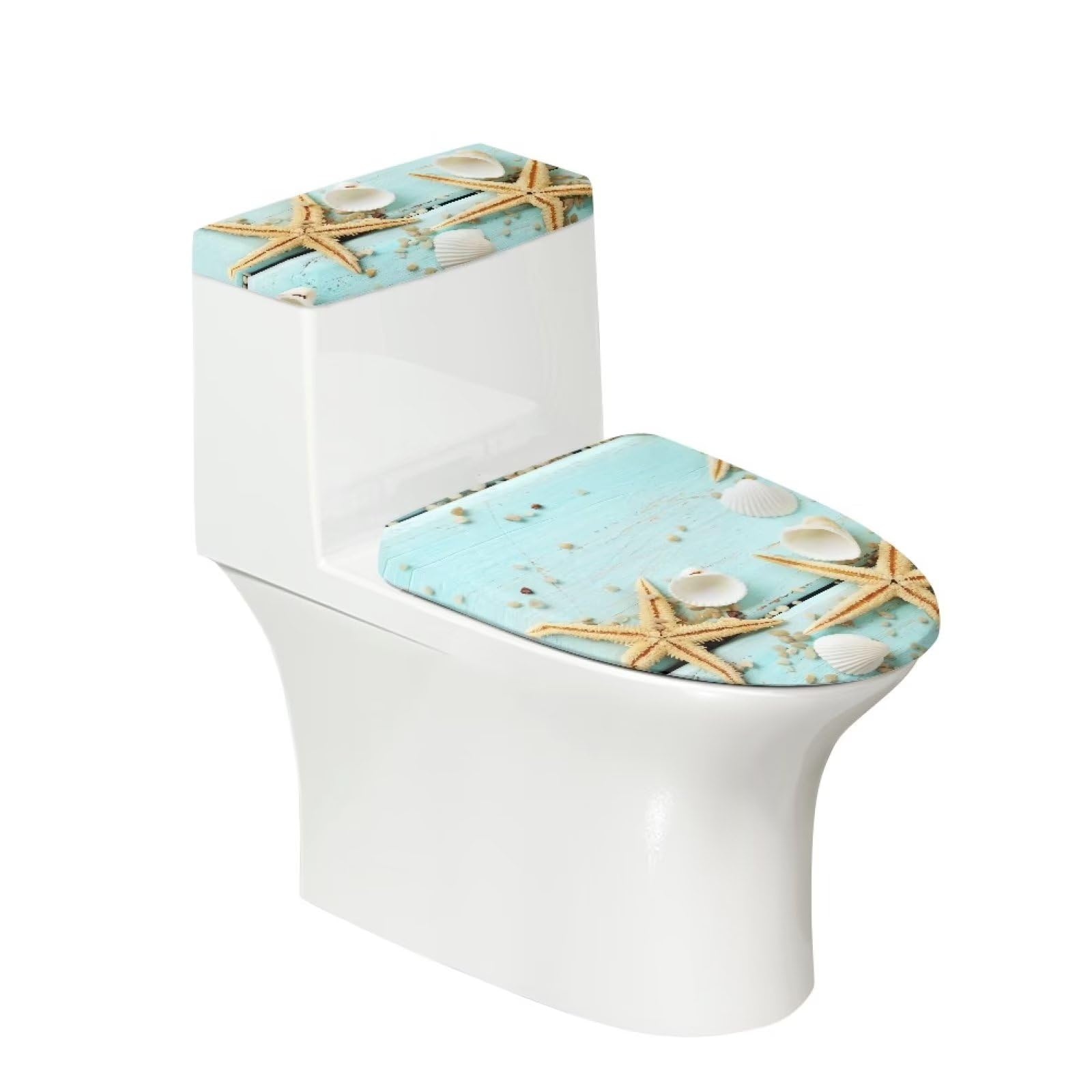 NETILGEN Polyester Toilet Lid Cover and Toilet Tank Lid Cover Set of 2, Soft Fabric Toilet Cover with Elastic Edge Bathroom Decor Fits Most Round Elongated Oblong Lids, Starfish Seashell Wood Grain