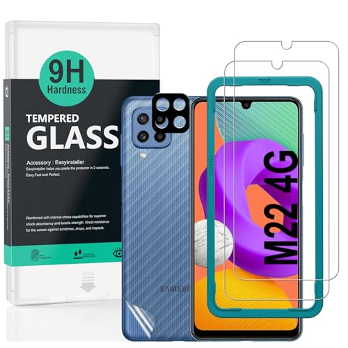 Ibywind Cristal Templado para Samsung Galaxy M22 4G 6.4',[2 Piezas],con Metálico Protector de Lente de Cámara,Atrás Pegatina Protectora Fibra de Carbono, Kit de instalación fácil