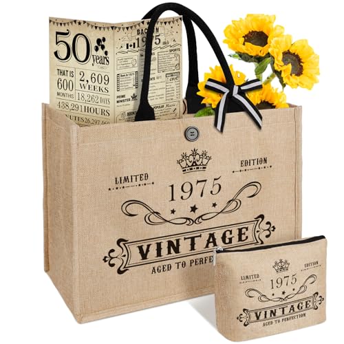 Image of YeohJoy 50th Birthday Gifts for Women Jute Tote Bag, Vintage 1975 Burlap Bag with Cosmetic Bag and Back in 1975 Poster, Unique 50 Years Old Gifts for Mom Friends Wife Sister Her
