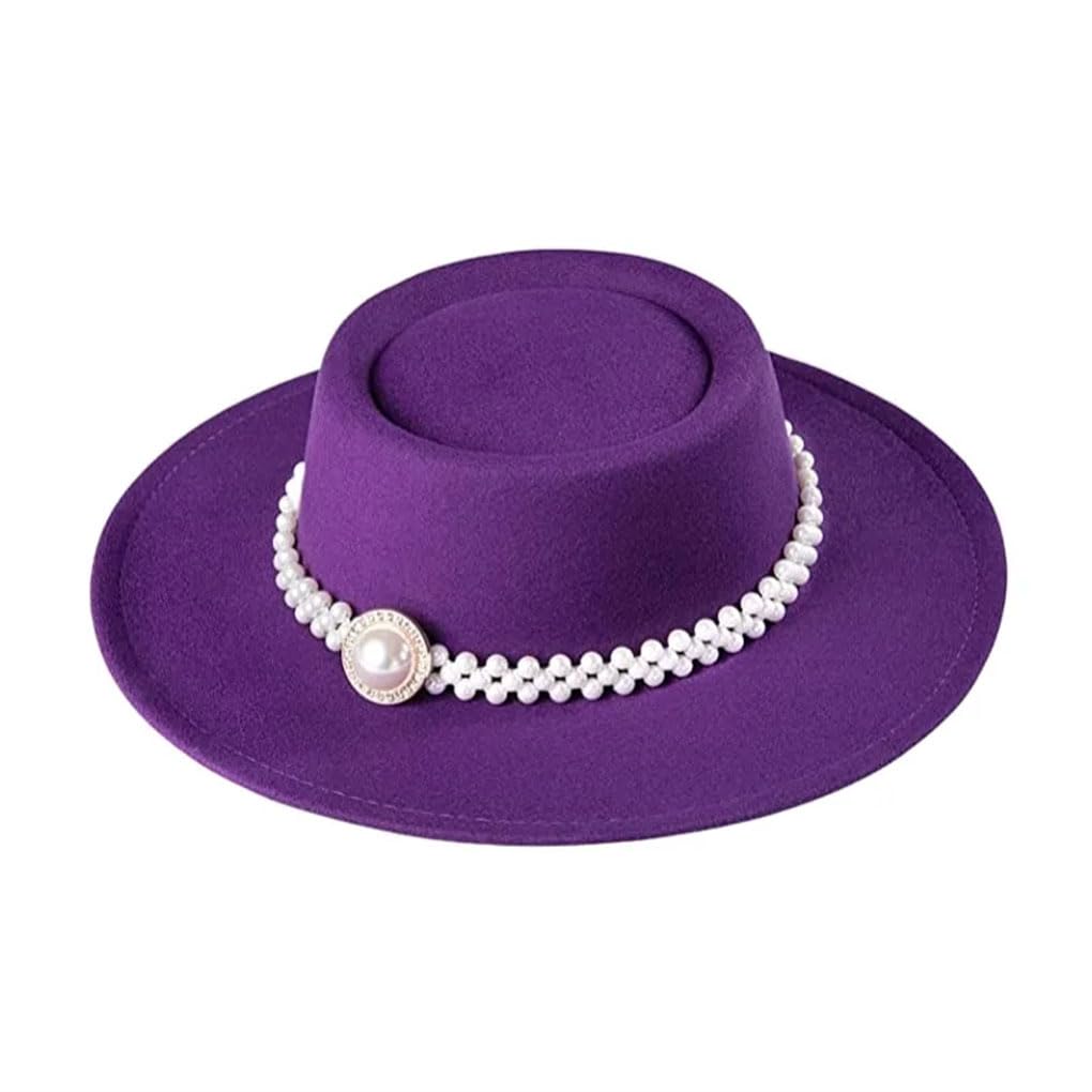 Cappello Fedora da donna in feltro a tesa larga vintage con cintura di perle a tesa larga Panama Trilby Cap