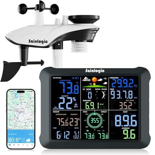 Sainlogic WiFi Smart Weather Station SA9 with 24H/ 7Days Accurate Weather Forecast by Weatherseed® AI, 8.5' Large Display,UV,Sun Light,Rain Gauge,Wind Gauge,2-Year Data Storage & Export（Only 2.4G）