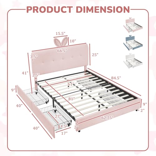 Image of Queen Led Bed Frame with 4 Storage Drawer, Upholstered Platform Floor Bed with Rabbit Ear Headboard Daybed Strong Wooden Slats No Box Spring Needed for Kids Girls Boys, Pink