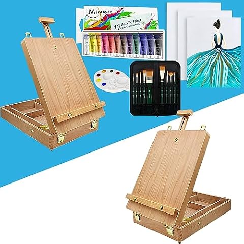 Miratuso Art Supplies 27 Pieces Art Set with 2 Pack Tabletop Easel, 12 Colors Acrylic Paint, 10 Paint Brushes, 3 Canvas Panels, Palettes Cover
