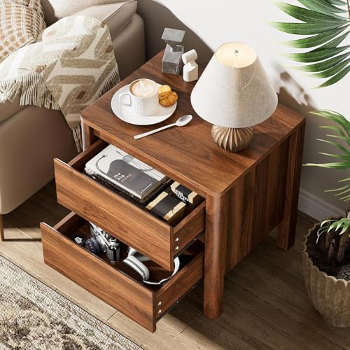 Image of Furniway Mid Century Living Room Table Set of 4, Coffee Table, TV Stand and 2 End Tables with Sliding Door Storage, Walnut