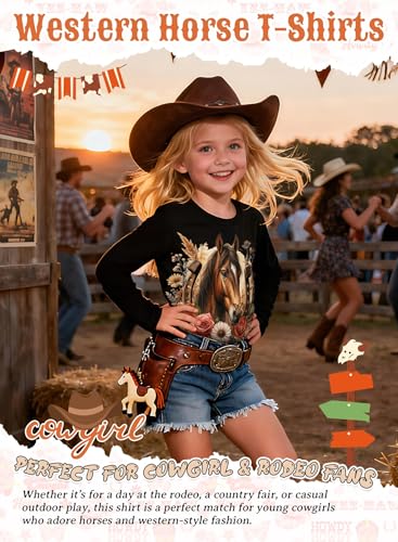 Image of Girls Western Horse T-Shirts - Cute Cowgirl Outfit Kids Short Sleeve Shirts Funny Tops Rodeo Toddler Summer Tee