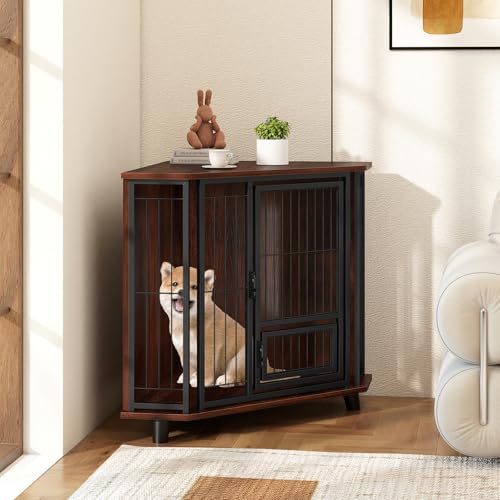 COSTWAY Eck Hundekäfig Möbel, Hundehütte mit abschließbarer Tür & 3 Holzbeinen, Hundebox aus Holz und Metall, für kleine mittelgroße Hunde, Indoor, Braun, 60 x 60 x 71,5 cm