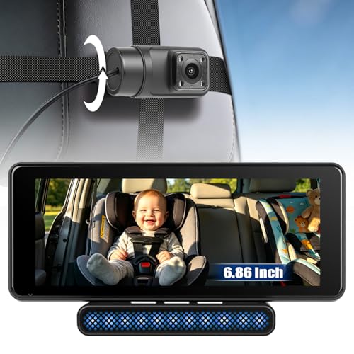 Cámara Bebé Coche 6.86 Pulgadas Pantalla Táctil, Monitor Bebé Auto con CarPlay Android Auto, Visión Nocturna Gran Angular 720P, Cámara Asiento Trasero con Soporte Magnético y Luz de Color