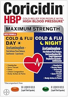 Coricidin HBP, Decongestant-Free Cold Symptom Relief for People with High Blood Pressure, Maximum Strength Cold & Flu Day+Night Liquid Gels, 24 Count
