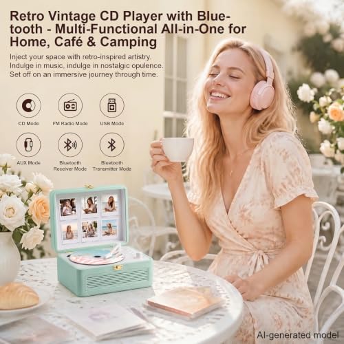 Image of Gueray CD Player Portable Bluetooth: Retro CD Players with Speakers Vintage CD-Player 3600mAh Rechargeable & Radio & Remote Control Support USB /AUX Playback Headphone Jack (Green)