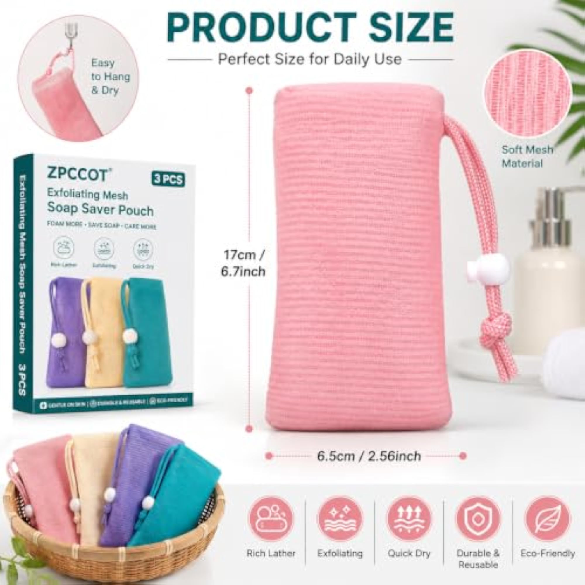 3 PCS Exfoliating Mesh Loofah Soap Saver Pouches for Bath & Shower