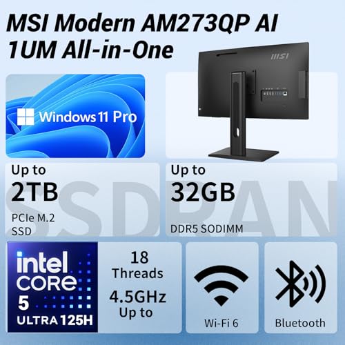 Image of msi Modern AM273Q Business All-in-One Desktop, Intel Core 5 125H, 27 inch IPS QHD 2560 * 1440, 32GB DDR5, 1TB SSD, Wi-Fi 6, IR Camera, HDMI, DP, AI PC, Wireless KB & Mouse, Windows 11 Pro, Black