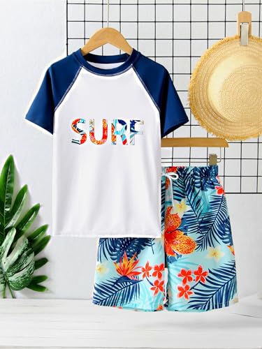 Kids Boys Two Pieces Athletic Swimsuits Short Sleeve Swim Shirts with Shorts Rash Guards3