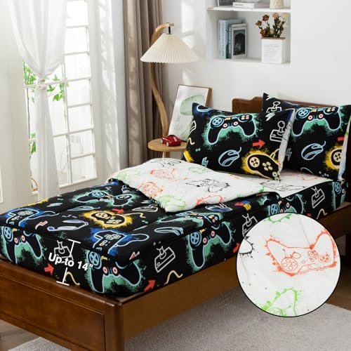 Image of Meeting Story Glow in the Dark Zipper Bedding Twin Zip Up Game Bedding Sets for Boys and Kids,3 Pcs Comforter Bed in a Bag with Fitted Sheet and 2 Pcs Pillowcases(Blackgreen,Twin)