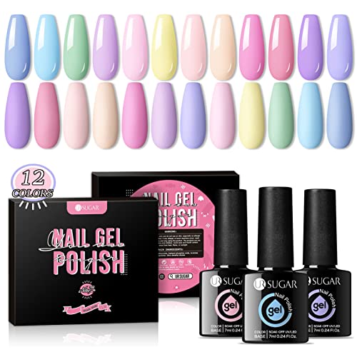 UR SUGAR 7ML Esmaltes Semipermanentes Kit Color Macaron Pastel Rojo Rosa Nude Pintauñas Gel Uñas de Gel Pintauñas Semipermanente UV Pastel Gel Colores Kit Primavera Verano 12PCS