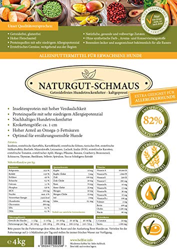 Bellfor Naturgut-Schmaus Hochwertiges Kaltgepresstes Hypoallergenes Trockenfutter für Hunde mit Insekten Getreidefrei Optimal für Ernährungssensible Hunde (4 kg)