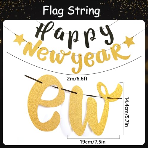 Image of SUNBEAUTY New Years Eve Party Supplies 2026, Happy New Year Decorations Black Gold Hanging Paper Fans Tissue Pom Poms Happy New Year Banner for 2026 New Year Party Favor Supplies Decorations