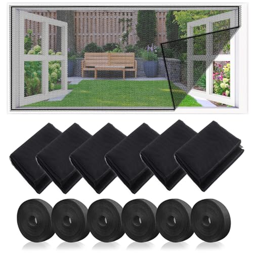6 Stück Fliegengitter Fenster, 150x130cm Insektenschutz Fenster mit 6 Rollen Selbstklebend, Fliegennetz Fenster, Moskitonetz Fenster, Mückenschutz ohne Bohren, Für die meisten Fenster, Schwarz