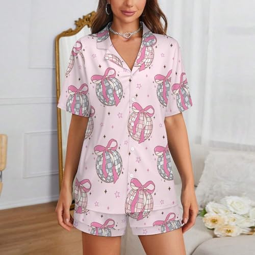 Image of Women Pajamas Shorts Sets Wild West Rodeo Cowboys PJs 2 Piece Button Down Shirt Lounge Pants Set