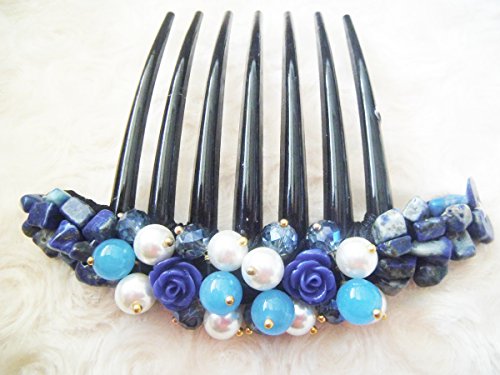 Side Comb Hair Accessories French twist hair comb Ornamented along the top of the heading with Pearl & Stone (Blue)
