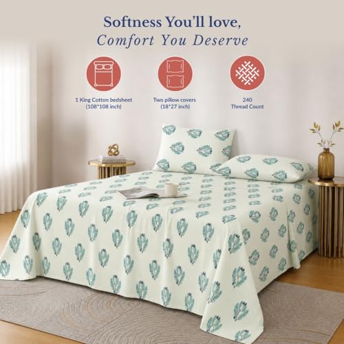Image of Jaipur Weaves Cotton King Size Bedsheet 108x108 Super King, 100% Pure Cotton Bed Sheet with 2 Pillow Covers, 240 TC Soft Breathable Floral Design Bedding - (Spring Tulips Green, Super King)