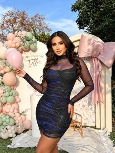 Image of MOEENCN Women's Sexy Long Sleeve Sheer Mesh Bodycon Mini Dress 2 Piece Set