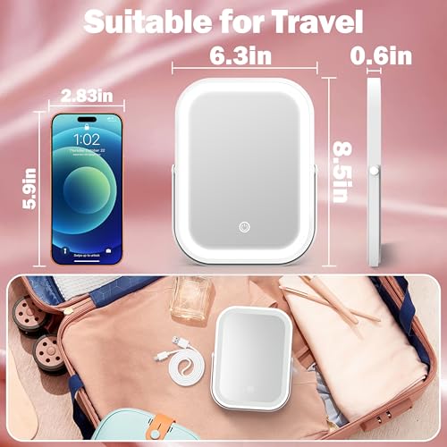 Image of ROLOVE Rechargeable Makeup Mirror, 6x8 Inch Portable Vanity Mirror with Lights, 3-Color Dimmable LED Lighting, Tabletop Mirror, Travel Essentials