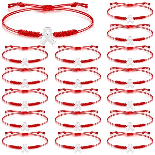 Sasylvia 20 Pcs Red Ribbon HIV/AIDS Awareness Bracelets Blood Cancer Heart Disease Tuberculosis Bracelets Adjustable Cord Heart Health Awareness Gifts for Women Cancer Survivor Fighter Jewelry
