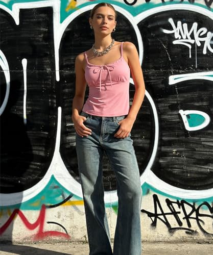 Image of Belle Poque Women's Tie Front Spaghetti Strap Top Sexy Cutout Crop Tank Top Y2k Slim Fit Going Out Camisole Tops