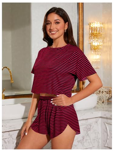 Image of OYOANGLE Womens Pajama Sets 2 Piece Sexy Lounge Sets Summer Cute Pjs Striped Print Tee and Side Split Shorts Set