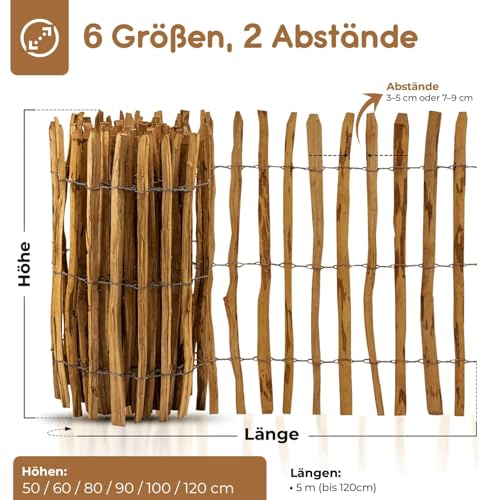 BOOGARDI Gartenzaun Holz in 12 Größen · Staketenzaun 50 cm hoch aus Haselnuss · Holzzaun, Teichzaun, Zaun, Rollzaun, Garten, Sichtschutz, Jägerzaun · 50cm x 5m (Lattenabstand 7-9cm)