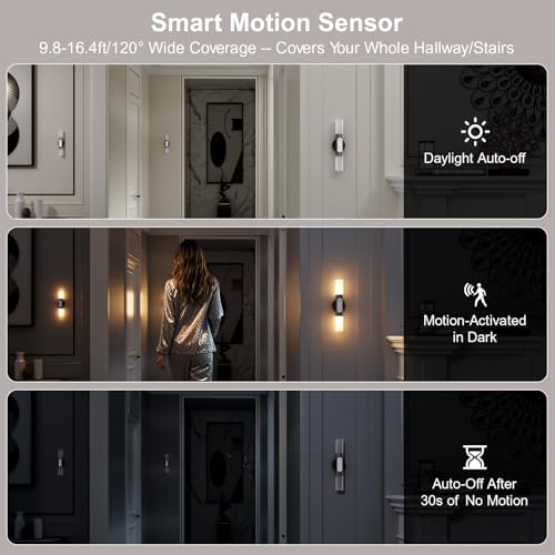 Image of Hensam Motion Sensor Wall Lights with Remote, Rechargeable Battery Sconces | Peel and Stick Wall Night Light, 3 Color Temps, Dimmable, Magnetic, for Hallway, Stair, Bedroom, Living Room, Black, 2 Pack