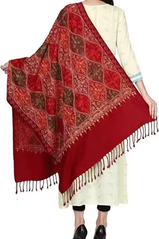Women's Red Floral Embroidered Shawl with Tassel Border, Traditional Indian Style-image-32